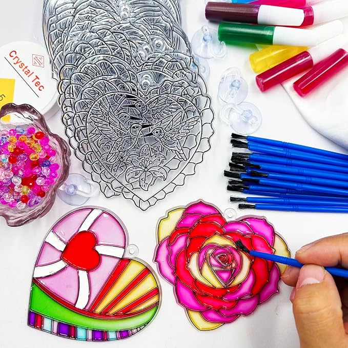 AUEKIV Valentines Suncatcher Crafts Kit 30 Sets Heart Suncatchers Window Art Paint Sun Catcher DIY Craft Kits Rose for Valentine's Day Classroom Activities Party Gift Exchange
