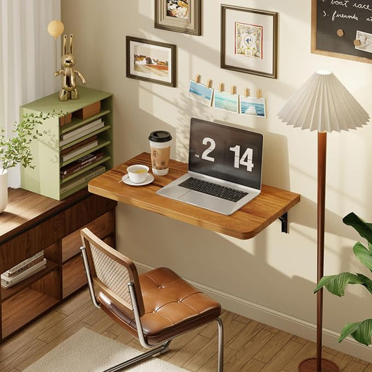 Dogsky Floating Wall Desk, 24" x 14" Wall Mounted Folding Table, Pine Wood Fold Down Wall Table, 100 lb Capacity Wall Mount Desk for Small Apartment, Laundry Room,Kitchen,Bar & Computer,Burning Yellow