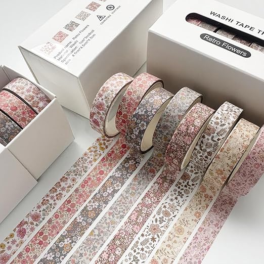 Vintage Washi Tape Set 8 Rolls Thin Retro Decorative Antique Patterns Masking Tapes for Arts, DIY Crafts, Journals, Planners, Scrapbook, Wrapping (Little Flowers)