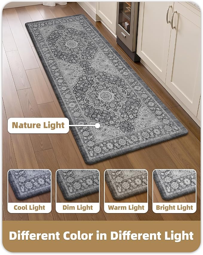 Color&Geometry Kitchen Floor Mat 24x59 Faded Vintage Anti Fatigue, Grey | 0.4in Cushion Standing Mat For Cooking/Working/Laundry, Boho Decor, Non Slip PVC Kitchen Rug, Oil/Water Proof, Anti Slip