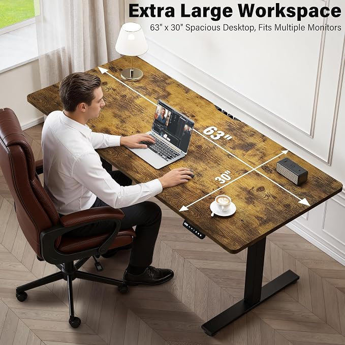 Electric Standing Desk, 63 x 30 Inch, Rustic Brown | Extra Large Desktop, Adjustable Height, Sit to Stand, Home Office Workstation, Supports Dual & Triple Monitor