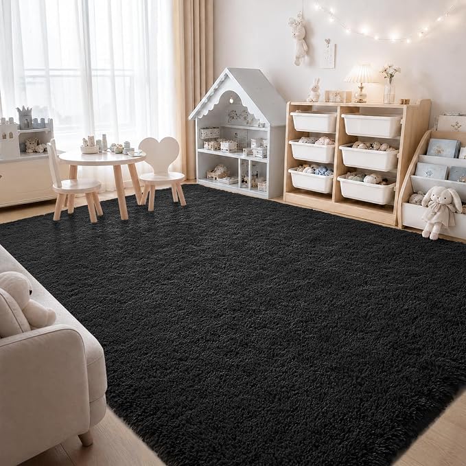 Zentavio 8x10 Black Area Rugs for Living Room Clearance Bedroom Large Men Room Carpet Fluffy Furry Shag Aesthetic Plush High Pile Floor Rug for Nursery Kids Room Dorm Home Decor