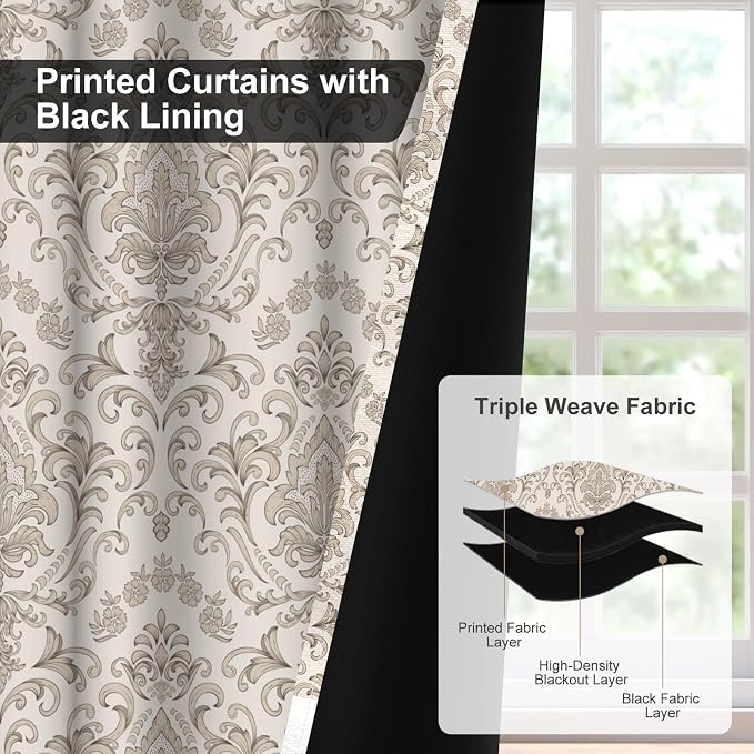 Bedroom Curtains 84 Inches Long, Blackout Curtains for Living Room Darkening, Vintage Damask Pattern Beige Curtain 2 Panels Set, Grommet Thermal Privacy Black Out Window Drapes for Bedroom Nursery