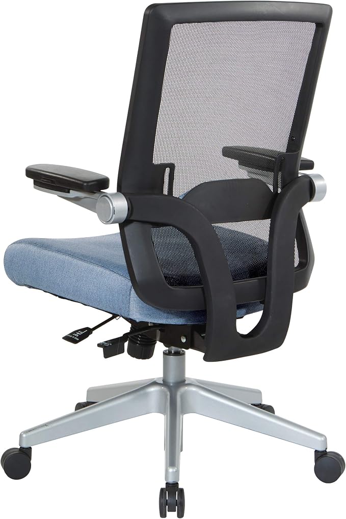Space Seating 867 Series Adjustable Manager's Chair with Breathable Mesh Back, Lumbar Support and Padded Flip Arms, Blue Fabric Seat with Silver Nylon Base