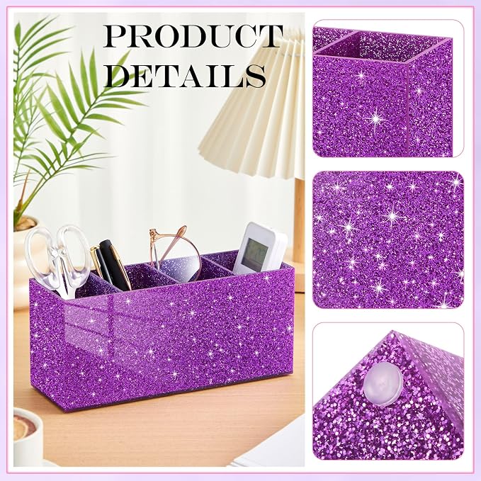 Jetec Acrylic Glitter Pen Holder 4 Compartments Bling Makeup Brush Stationery Organizer Pencil Holder for Desk Accessories Sparkly Gifts for Women Birthday Valentines Desktop Workplace Office(Purple)