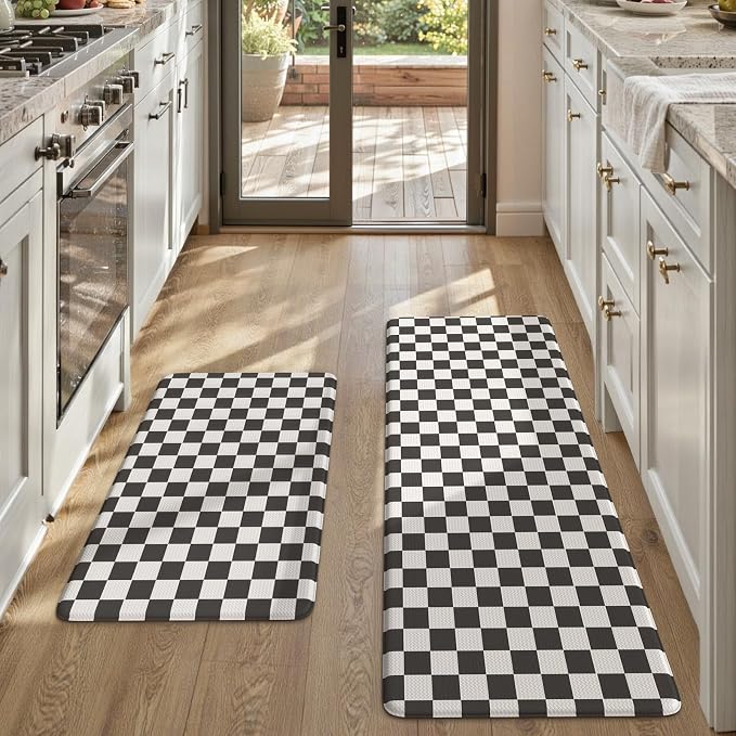 KIMODE Anti Fatigue Kitchen Mat for Floor,Black and White Plaid Kitchen Rug | Farmhouse Kitchen Rugs Sets of 2,Cushioned Kitchen Floor Mats,Non Slip Standing Desk Mat for Sink Laundry 20"x47"+20"x32"