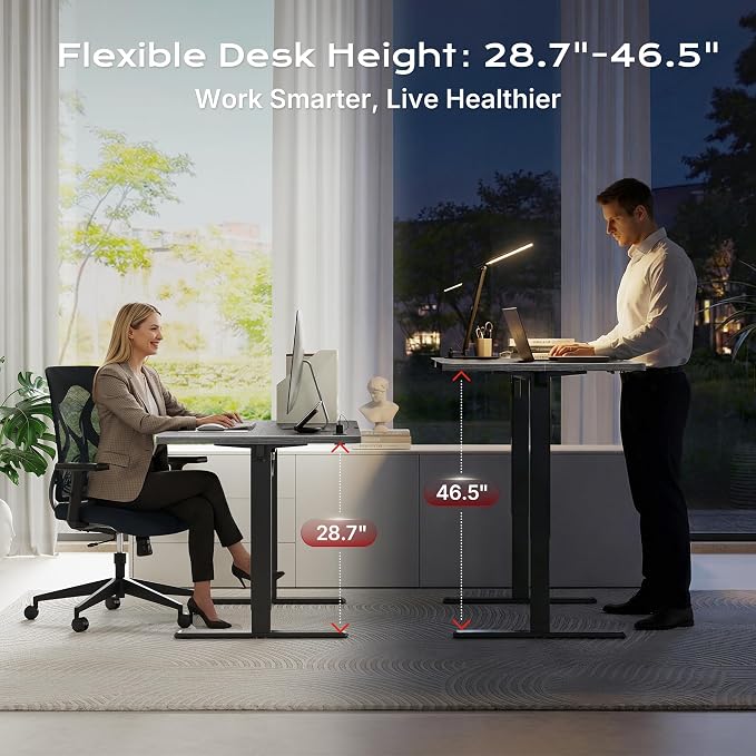 Huuger Electric Standing Desk with Power Outlets and USB-C Port, 47 X 24 Inch Height Adjustable Desk, Sit Stand Desk for Home Office, Computer & Gaming Desk with 4 Presets, Stable Steel Frame, Grey