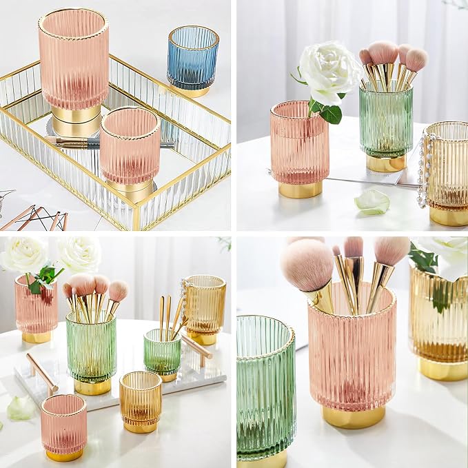 DASITON Makeup Brush holder Organizer,Crystal Cosmetic Makeup Brush Glass Brushes Storage Holder, Vintage Make Up Brush Cup Pen Pencil Holder striped vase(Pink S)