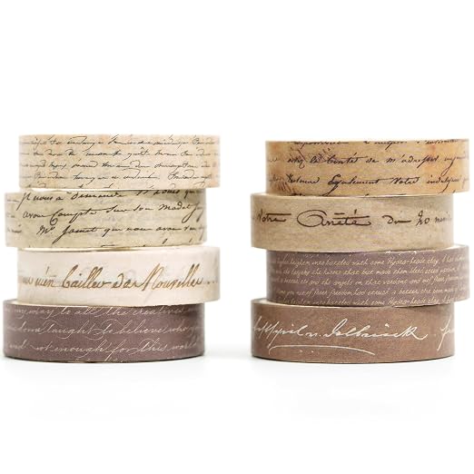 Vintage Washi Tape Set 8 Rolls Thin Retro Decorative Antique Patterns Masking Tapes for Arts, DIY Crafts, Journals, Planners, Scrapbook, Wrapping (Handwritten Text)