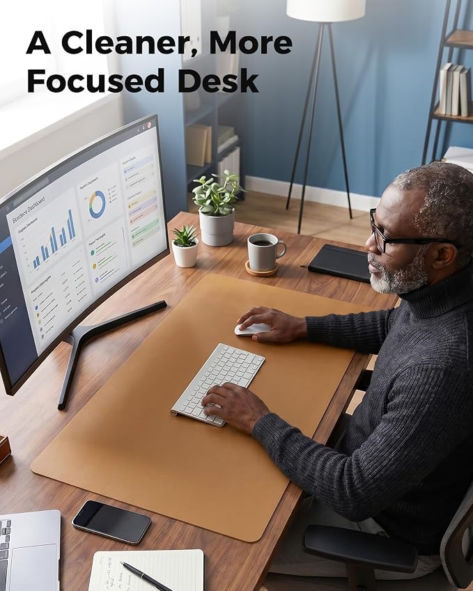Aothia Dual-Sided Desk Mat - Leather & Cork Desk Protector, Large Mouse Pad & Writing Pad for Office/Home, Waterproof, Apricot (35.4" x 15.7")