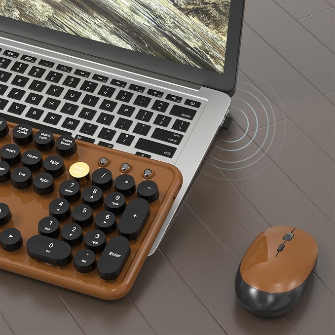 MPTOG Colorful Wireless Computer Keyboard and Mouse Combo with Round Typewriter Keycaps, Retro Design, Power Switch, Ergonomic Design, 2.4GHz Wireless for Windows, Mac, PC(Black-Brown)