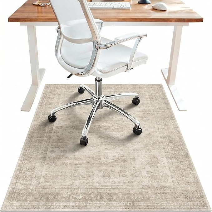 48"x60" Office Chair Mat for Hardwood Tile Floor, Under Desk Carpet Protector for Rolling Computer Chair Mat, Machine Washable Area Rug, Anti-Slip 1/5" Thick Low Pile Thin Vinyl Floor Mat, Ivory