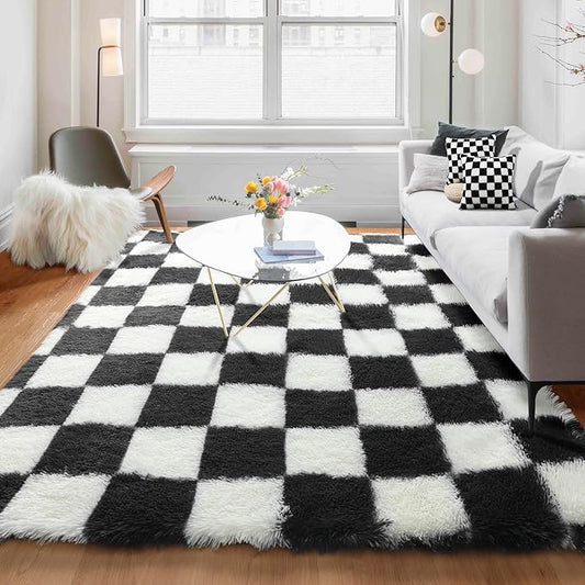 KICMOR Rugs for Living Room, 5x8 Area Rug Black and White Fluffy Shag Soft Checkered Rug Large Fuzzy Plush Furry Shaggy Carpet for Bedroom, Kids Boys Girls Teen Dorm Nursery Home Decor Aesthetic