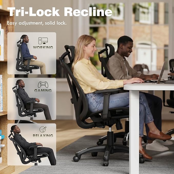 ELABEST T23 Ergonomic Mesh Office Chair, High Back Computer Desk Chair, Breathable AirMesh with Dual-Move Lumbar Support, 3D Armrests & Headrest, Tilt Lock,Big and Tall for Home Office(Onyx)