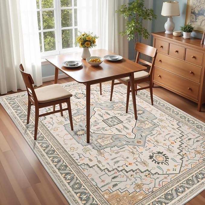 Macgace 6x9 Grey Beige Area Rug for Living Room, Machine Washable Rugs with Non-Slip Backing for Bedroom, Vintage Medallion Carpet Dining Room Office Kids Room Decor