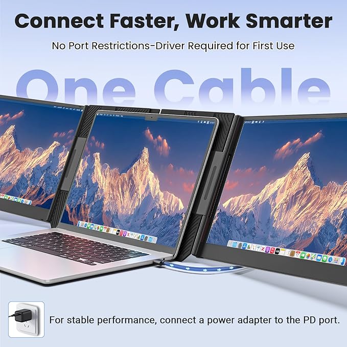 One Cable Laptop Screen Extender, 15.6” Ultra-Slim Triple Portable Monitor, 1080P FHD IPS Display, USB-C/A Connection, Travel Monitor for 13–17.3" Laptops, Mac/Windows/Android (Driver Required)