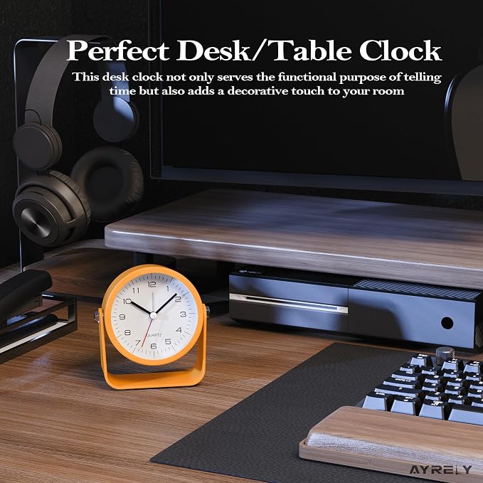 AYRELY® 3.5" Small Analog Travel Alarm Clock, Battery Operated Desk Clock | Cute Table Clock with Light, Adjustable Angle, Bedside, Bedrooms, Kids' Rooms and Living Room Decor (Orange)
