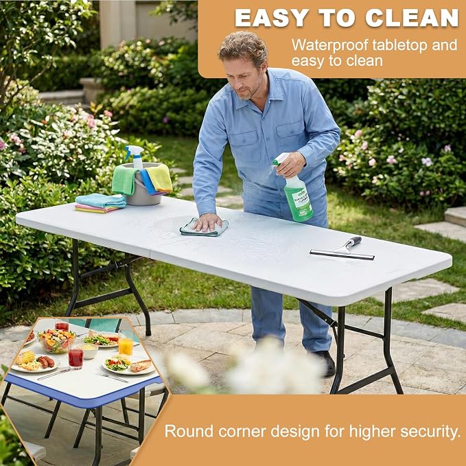 FDW 8FT Plastic Folding Table, Portable with Carrying Handle Perfect for Indoor, Outdoor, Party, Dining, Wedding, Events, Camping, White