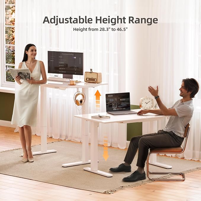 INNOVAR 35 x 20 Inch Super White Glass Standing Desk with Drawers | Tempered Glass Top, Ergonomic, Adjustable Height, Stand Up Desk, Home Office, 4 Memory Presets