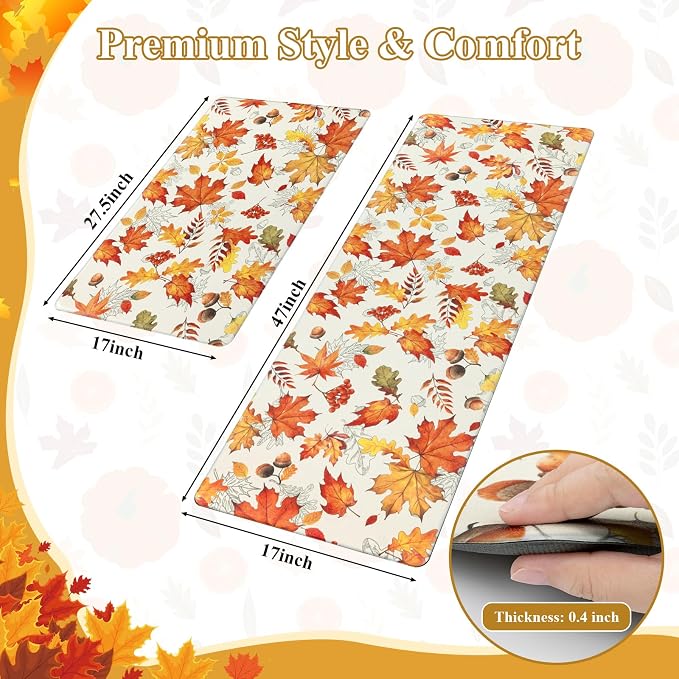 SHACOS Fall Anti Fatigue Kitchen Mats Orange Maple & Acorn 17x27.5+17x47 | Autumn Harvest Cushioned Kitchen Rugs Set of 2 Beige Non Slip Kitchen Floor Mat Ergonomic Standing Mats