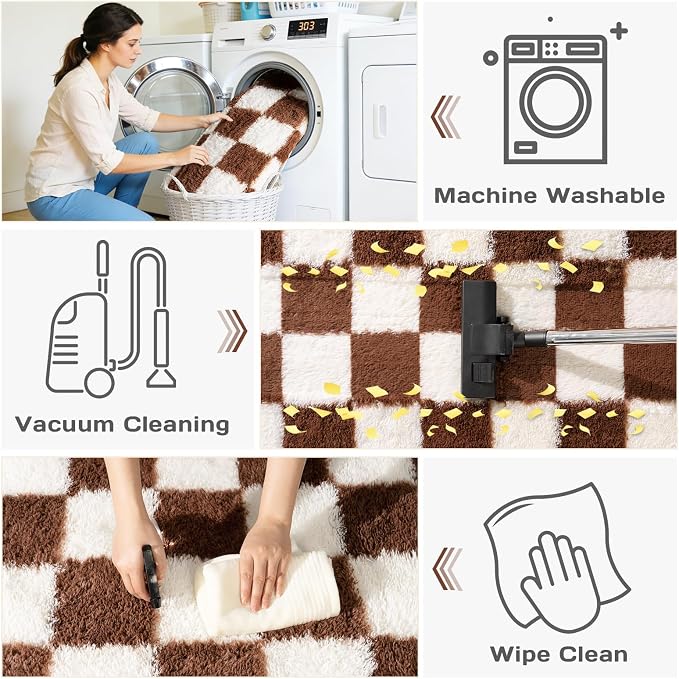 Area Rugs for Living Room 8x10, Ultra Fluffy Shag Checkered Rug Modern Washable Carpet Soft Shaggy Non Slip Indoor Plush Fuzzy Rugs for Bedroom Dorm Office Home Aesthetic Decor, Cream and Coffee