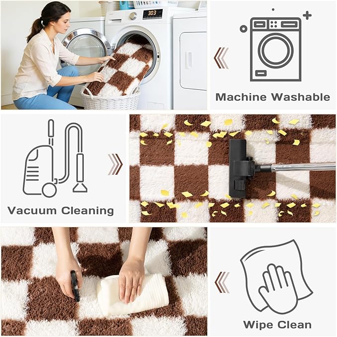 Area Rugs for Living Room 9x12, Ultra Fluffy Shag Checkered Rug Modern Washable Carpet Soft Shaggy Non Slip Indoor Plush Fuzzy Rugs for Bedroom Dorm Office Home Aesthetic Decor, Cream and Coffee
