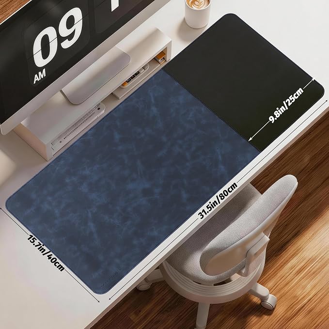 HAUTOCO Cork Desk Mat 31.5"x15.7", Distressed PU Leather & Cloth Desk Pad | Waterproof, Non-Slip, Stitched Edges, Royal Blue Large Gaming Mouse Pad, Laptop Blotter & Desk Protector for Office and Home