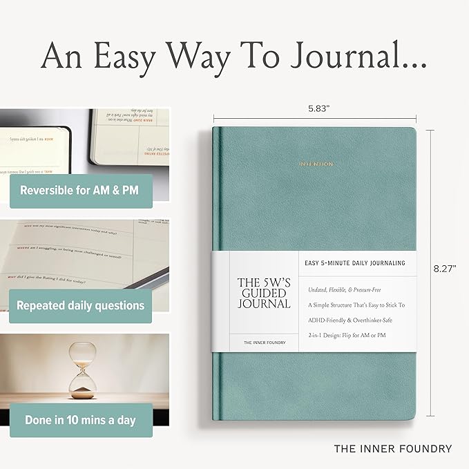 5 Minute Daily Guided Journal for Women | Low Pressure Self-Care and Wellness Journal with Prompts – 2 Sided AM & PM Entries and Brain Dump | Anxiety Relief Item & ADHD Friendly Gift - The 5W's Guided Journal