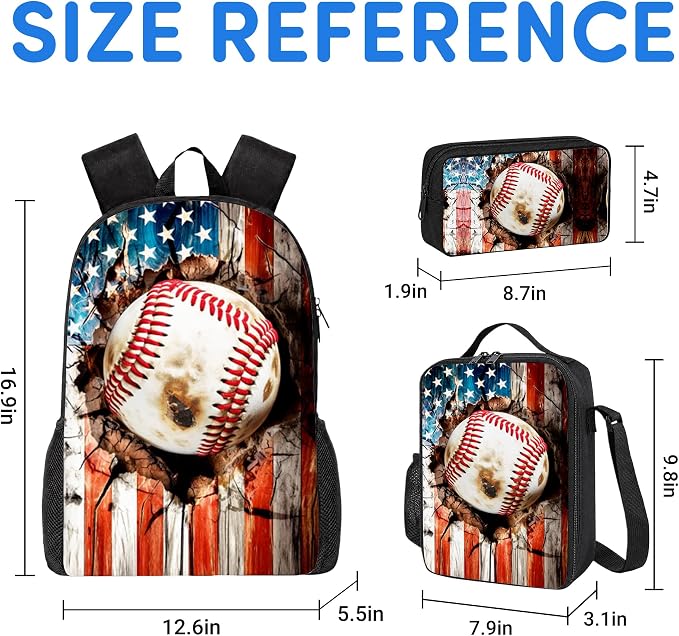 3PCS Baseball Print Backpack for Boys Girls Teens, School Backpack with Lunch Box Pencil Case for Elementary Middle High Students, 17 Inch Lightweight Bookpack 3 in 1 Set Back to Shool Gifts for Kids