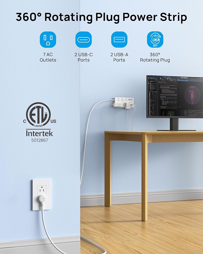 TROND 360° Rotating Plug Power Strip, ETL Listed, Flat Plug 10ft Extension Cord, 2 USB-A and 2 USB-C, Wall Mountable, 7 Widely-Spaced Outlets, 1700J Surge Protector, for Home Office Garage, White