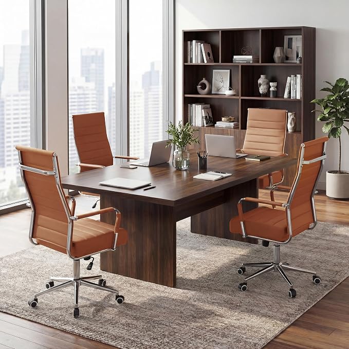JOMEED Office Desk Chair,Conference Room Chair,High Back PU Leather Swivel | Modern Executive Ribbed Design, Ergonomic, Height Adjustable, Wheels and Arms, for Home Office(Brown-Silver Frame)