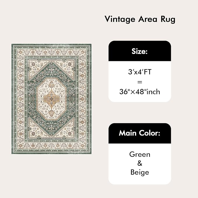 Washable 3x4 Area Rug for Entryway - Bedroom Rugs with Non Slip Rubber Backing for Kitchen Bathroom Indoor Soft Stain Resistant Carpet Rug for Pet Feeding Area and Distressed Floor Decor Green/Beige