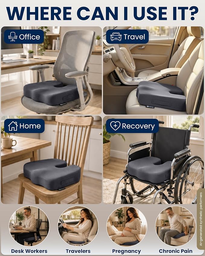 5 STARS UNITED Seat Cushion - Memory Foam Chair Cushion for Tailbone Pain Relief - Ergonomic Support for Coccyx, Sciatica & Butt - Office, Desk & Gaming Chair, Car Seat, Wheelchair, Airplane, D Gray