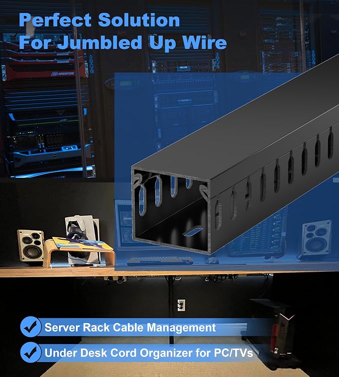 1.4"H x 1.6"W Cable Raceway, 99in Under Desk Wire Management Channel, Black | Slotted Wire Duct, 6Pack, 16.5in Each, Heavy-Duty PVC Cable Management for Server Racks, Network Cables & Electrical Cabinets