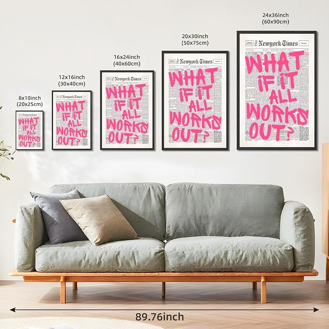 Vintage What If It All Works Out Canvas Wall Art Retro Newspaper Pink Font Poster Positive Affirming Quote Minimalist Prints Painting for Bedroom Study Dorm Wall Decor 24x36inch Black Frame