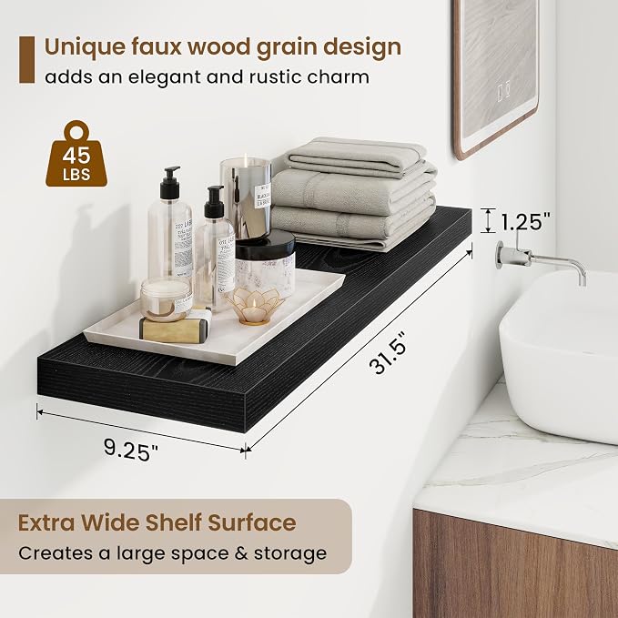 32in Floating Shelves for Wall, 32"W x 9.25"D x 1.25"H, 2 Pack Long Wall Mounted Engineered Wood Shelves with Invisible Brackets for Living Room, Bedroom, Bathroom, Kitchen Decor and Storage, Black
