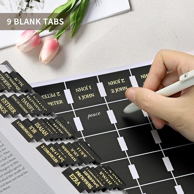 Bible Tabs for Women & Men, Bible Tabs for Study Bible, Large Print Bible Tabs for Easy Navigation, Bible Index Tabs, 66 Tabs Old & New Testament, Extra 9 Blank Tabs - Black