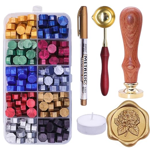 SWANGSA 3D Hydrangea Wax Seal Stamp Kit with 200pcs Sealing Wax Beads, Great for Embellishment of Wedding Invitations, Wine Packages, Gift Wraps
