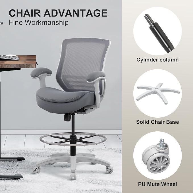 400lbs Office Drafting Chair Wide Dual Seat Cushion Height Adjustable Armrest for High Standing Desk with Lumbar Support and Enlarged Adjustable Footrest (Light Gray Frame Light Gray Fabric)