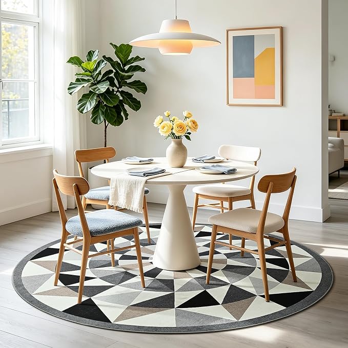 Terrug Grey and Beige Geometric Round Rug 5ft for Dinner Room, Soft Non-Slip Washable Circle Play Mat for Bedroom Playroom, Neutral Tone Area Rugs for Home Office