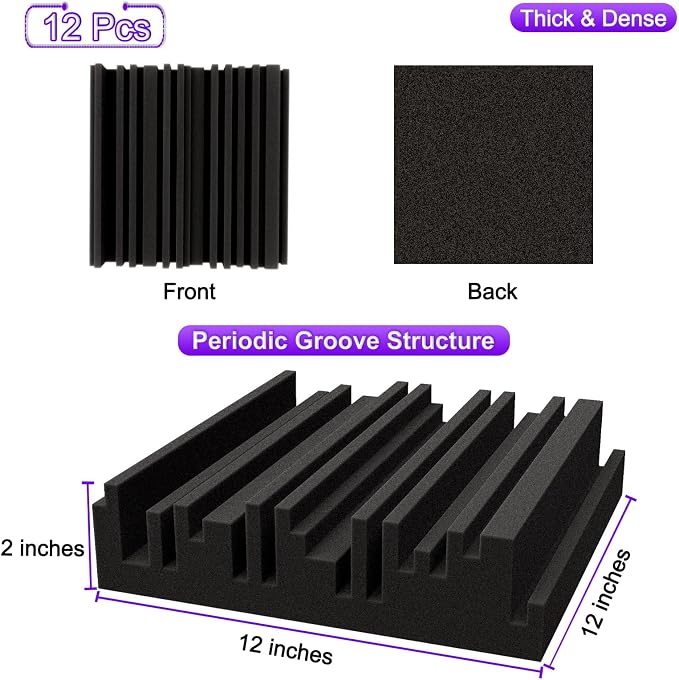 TroyStudio Thick Acoustic Foam Panels, 12 X 12 X 2 Inch 12 Pcs Broadband Sound Absorbing Foam, Dense Soundproof Padding Tile, Recording Studio Foam Absorber, Groove Decorative 3D Wall Ceiling Panel