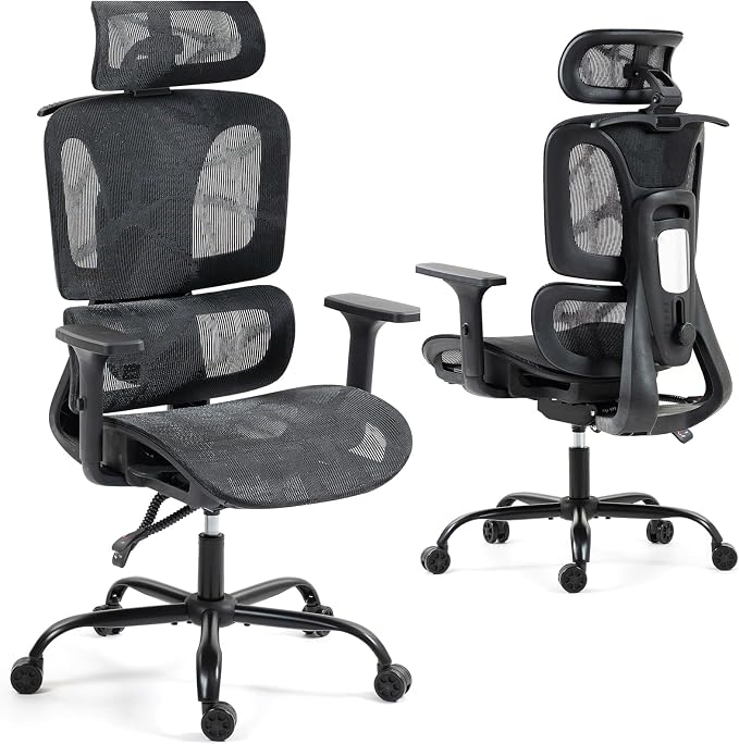 Black Ergonomic High Back Mesh Office Chair | Adjustable Lumbar, 3D Armrests, Headrest, 135° Recline, Large Steel Base, Swivel, for Home Office