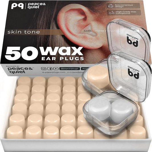 Peace&Quiet Wax Ear Plugs for Sleeping, Swimming - 50 Noise Cancelling Silicone Gel Wax Earplugs for Sleep and Swimmers, Sound Blocking 32Db, (50-Pillows), Color: Skin Tone