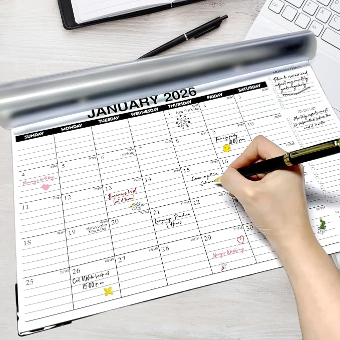 Desk Calendar 2026-2027 - 18-Month Large Desk/Wall Calendar, Through June 2027, 17" x 12", Thick Paper, Large Ruled Blocks, Clear Plastic Cover – Perfect for Home School & Office Organization