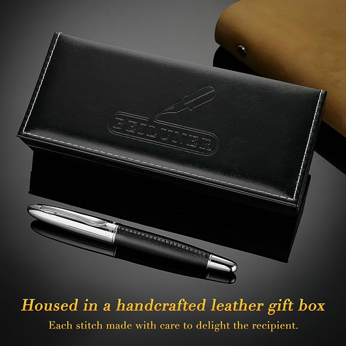 BEILUNER 318 Luxury Personalized Leather Pen, Hand-Stitched Premium Black Leather, Chrome-Plated Finish, Smooth Refill, Fancy Rollerball Pen Gift Set for Men & Women, Executive, Nice Designer pen