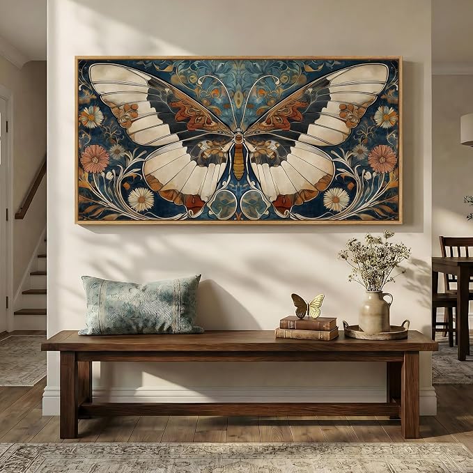 Framed Vintage Butterfly Wall Art for Living Room, Extra Large Horizontal Canvas Artwork Decor, Retro Rustic Picture Print Painting for Bedroom Hallway 60x30 Inch