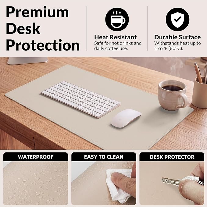 Leather Desk pad Protector, Large Desk mat with Natural Cork & PU Leather,Mouse pad,Non-Slip Office Desk Mat,Waterproof Desk Writing Pad for Office and Home (35in*17in,Beige)