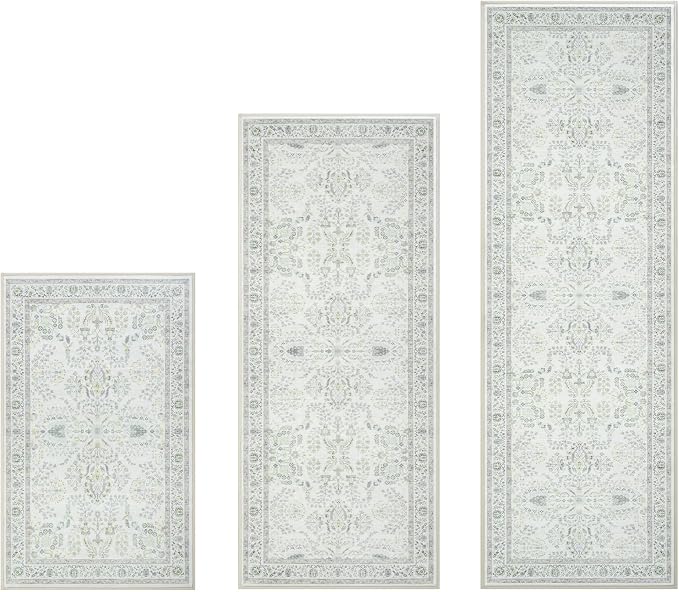 GRANNY SAYS Boho Kitchen Rug Sets of 3, Non Slip Washable Faux Wool Kitchen Mats for Floor, Thick Soft Anti-Fatigue Comfort Standing Mat Runner Rugs for Hallway Laundry Room, Green & White