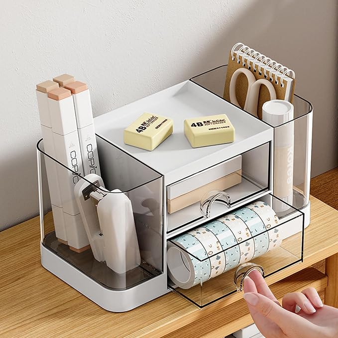 Desk Organizer with Pen Holder and 2 Drawers, Office Organizer, Desktop Organizer for Desk, Office, School, Home (White)