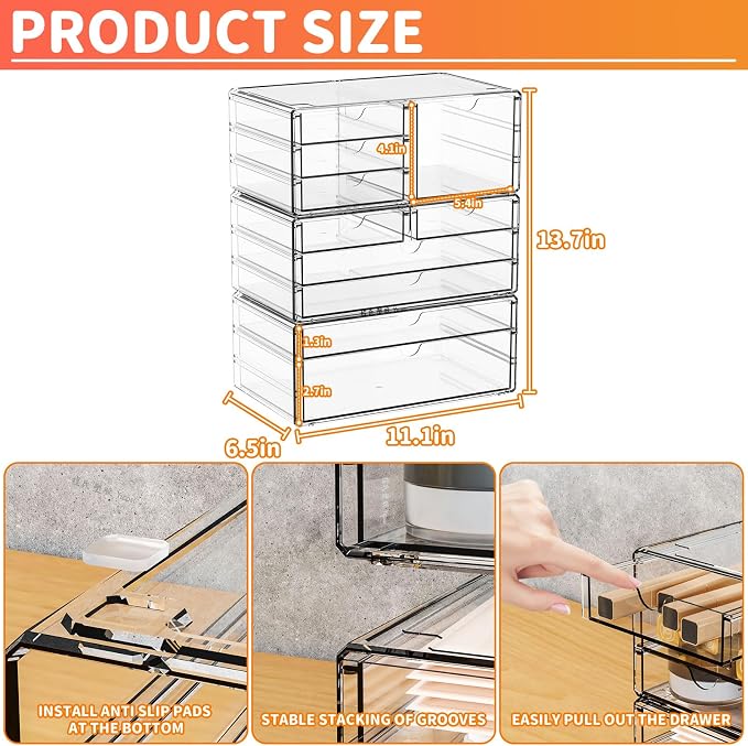 3Pack Clear Drawer Organizers Stackable,Acrylic Storage Drawers With 10 Drawers,Multipurpose Office Supply Organizer and Makeup Organizer for Beauty,Craft,Pen,Medical,Stationary Desk Organizers